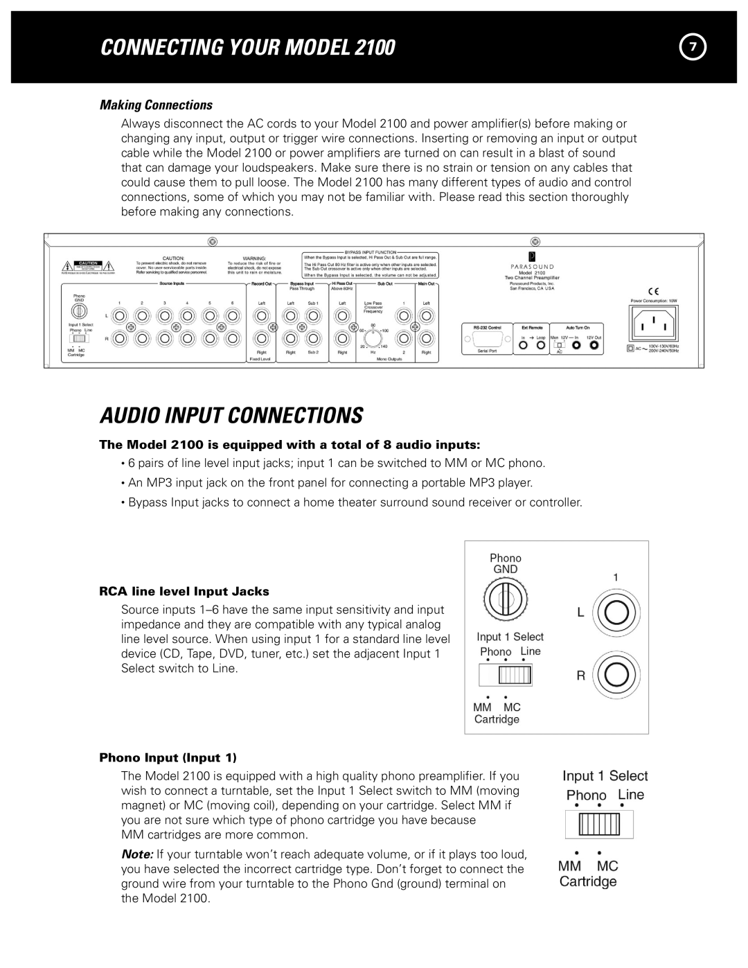 Parasound 2100 manual Connecting Your Model, Audio Input Connections, Making Connections 