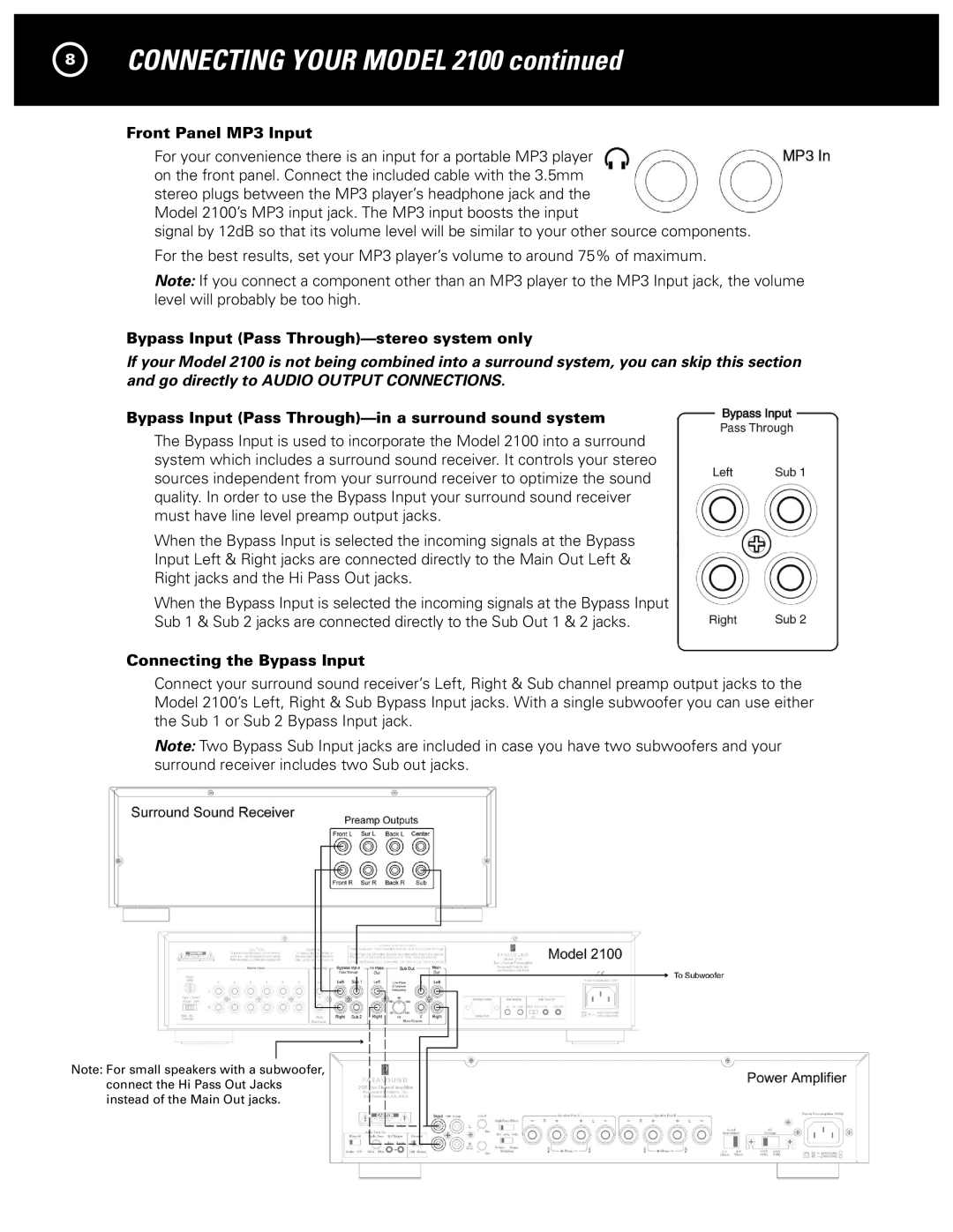 Parasound 2100 manual Front Panel MP3 Input, Bypass Input Pass Through-stereo system only, Connecting the Bypass Input 