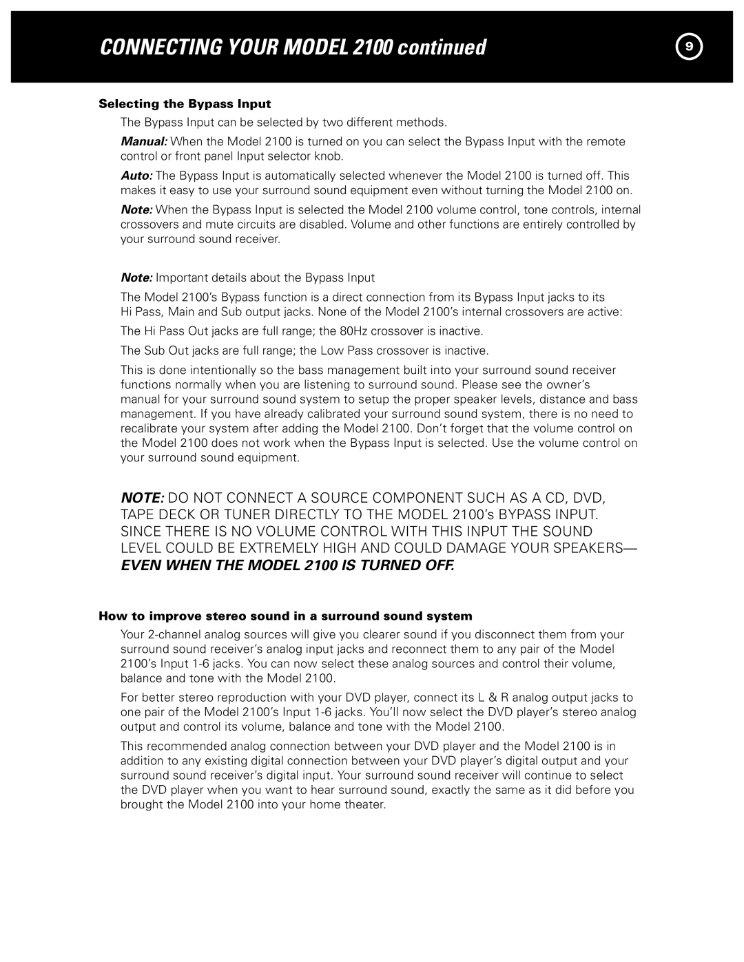 Parasound 2100 manual Selecting the Bypass Input, How to improve stereo sound in a surround sound system 