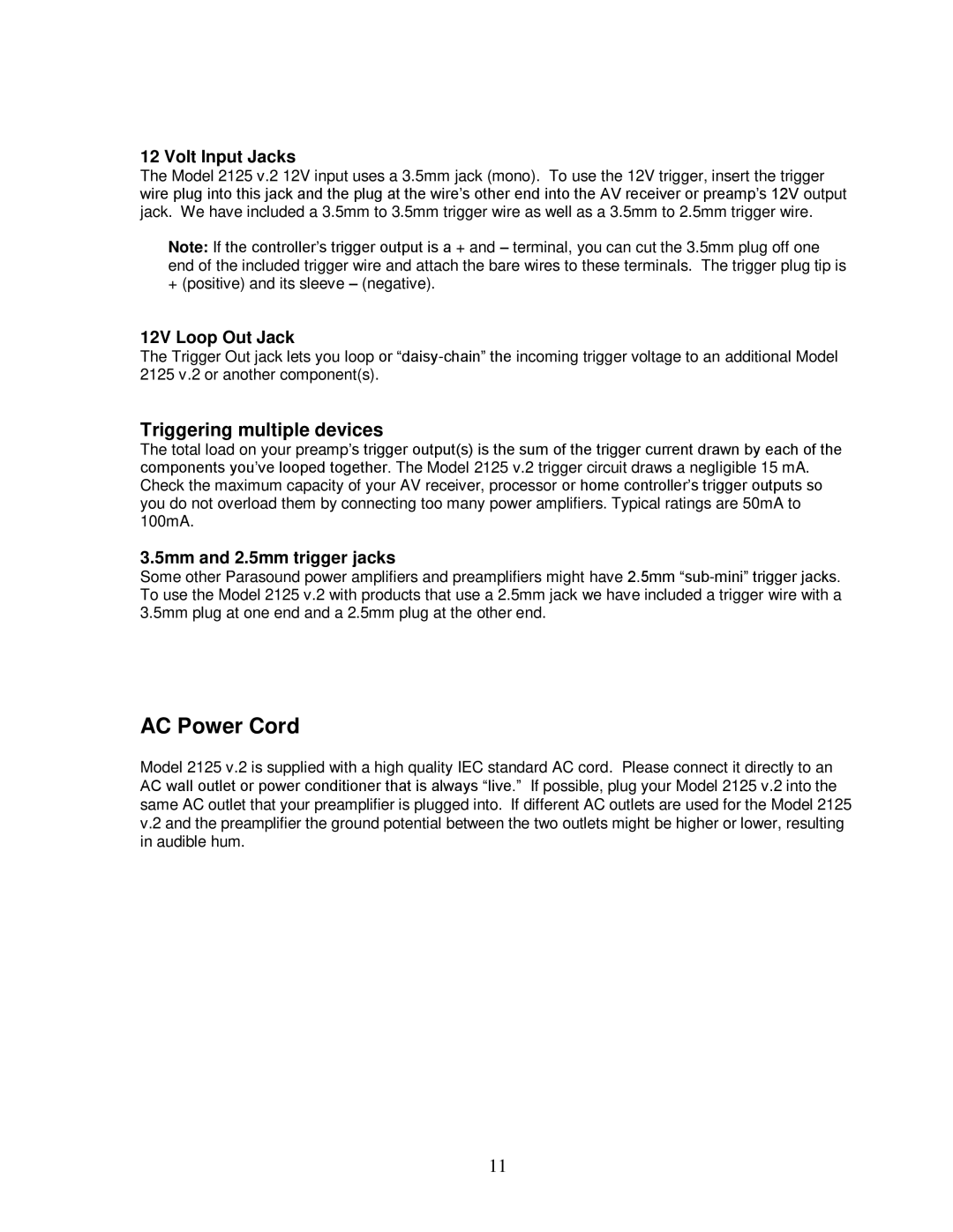Parasound 2125 V.2 manual Volt Input Jacks, 12V Loop Out Jack, 5mm and 2.5mm trigger jacks 