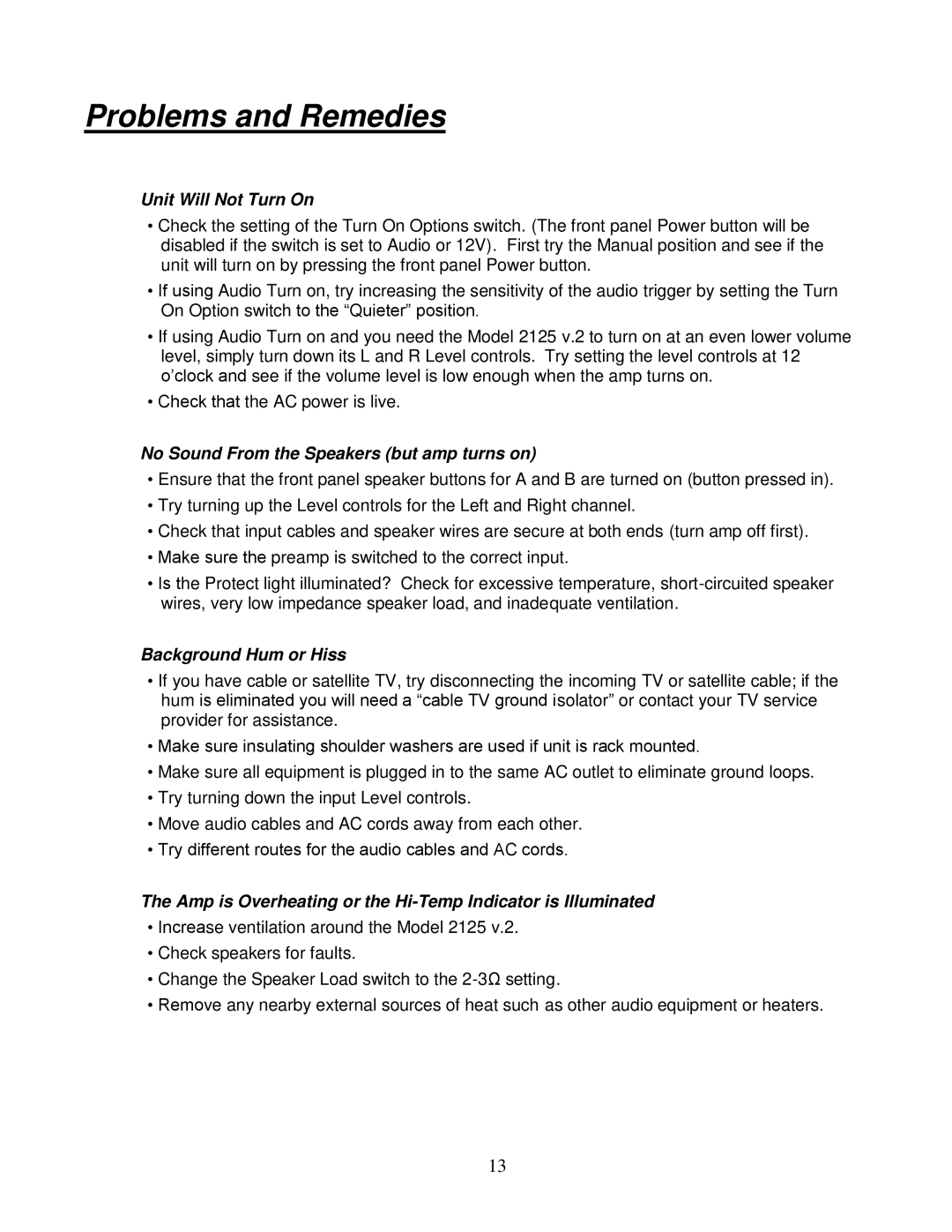Parasound 2125 V.2 manual Problems and Remedies, Unit Will Not Turn On, No Sound From the Speakers but amp turns on 