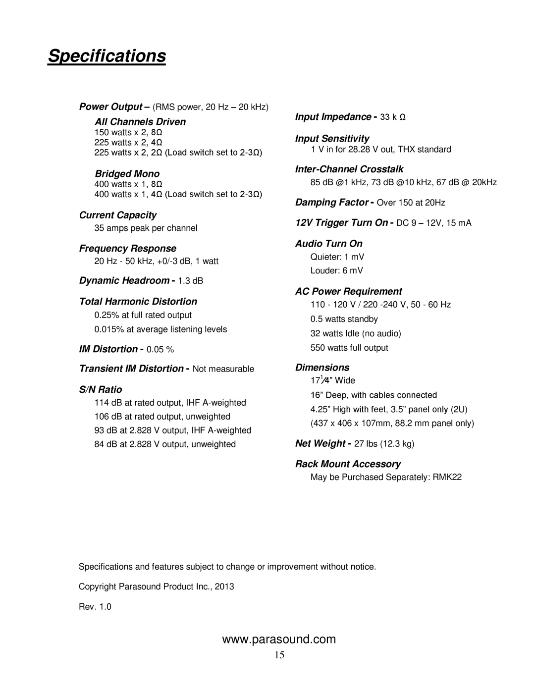 Parasound 2125 V.2 manual Specifications 