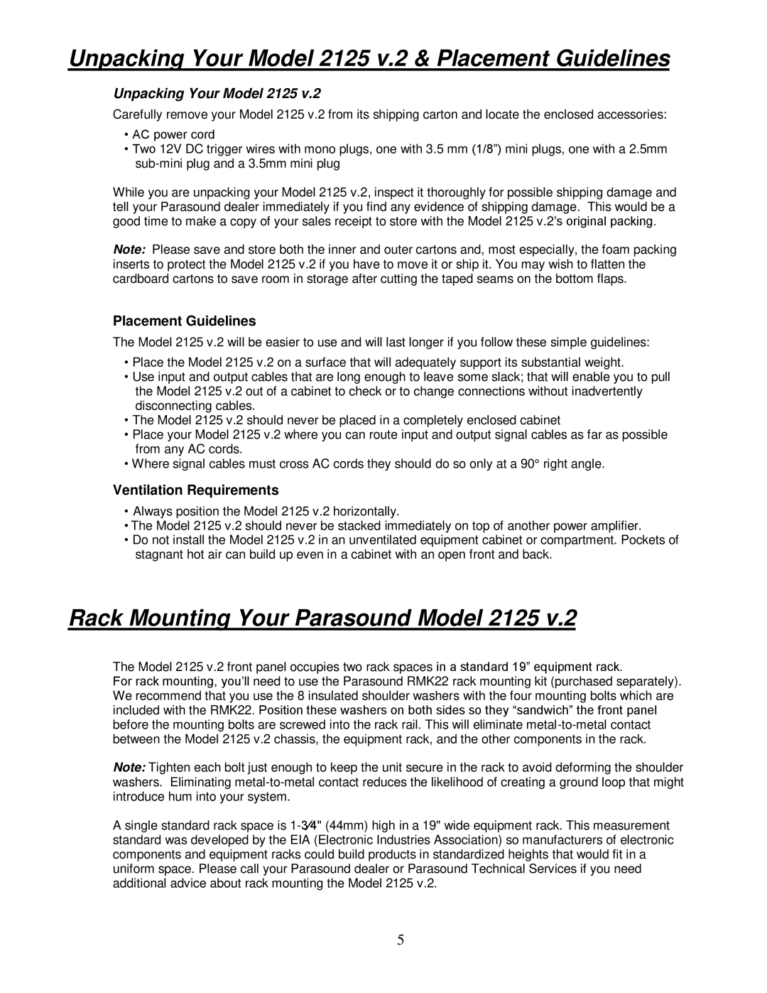 Parasound 2125 V.2 manual Unpacking Your Model 2125, Placement Guidelines, Ventilation Requirements 