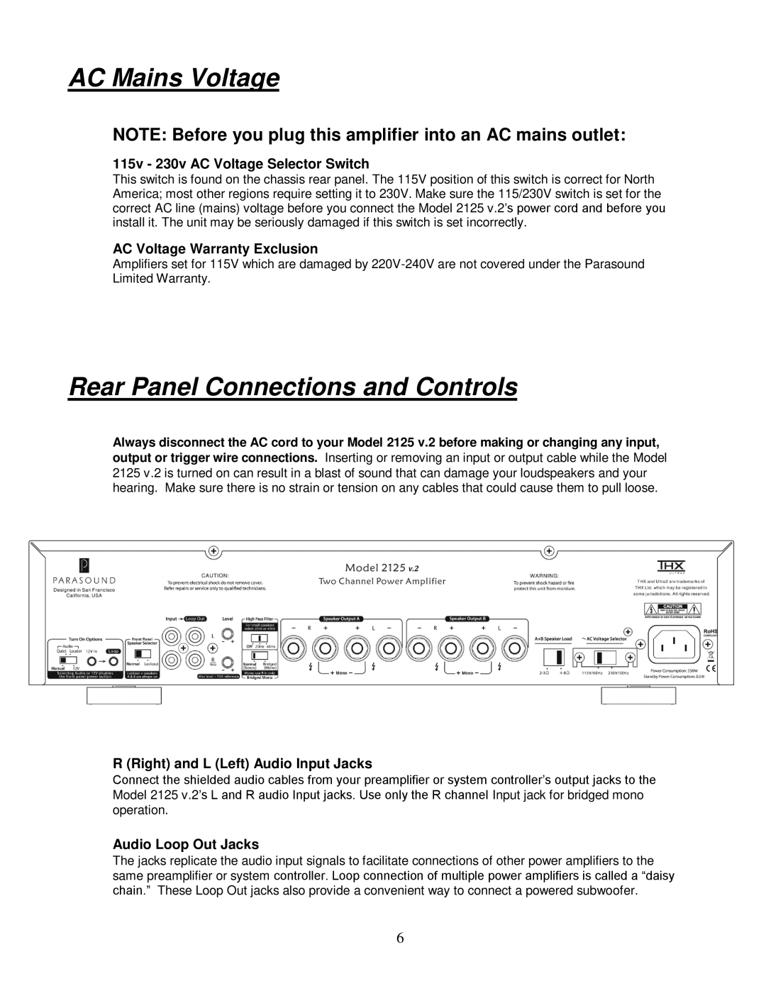 Parasound 2125 V.2 manual AC Mains Voltage, Rear Panel Connections and Controls 