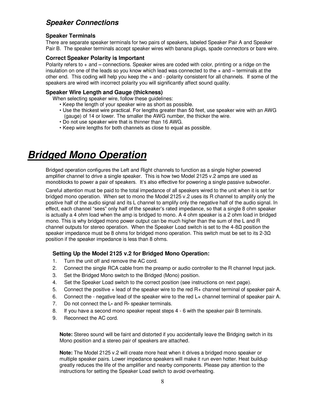 Parasound 2125 V.2 manual Bridged Mono Operation, Speaker Terminals, Correct Speaker Polarity is Important 