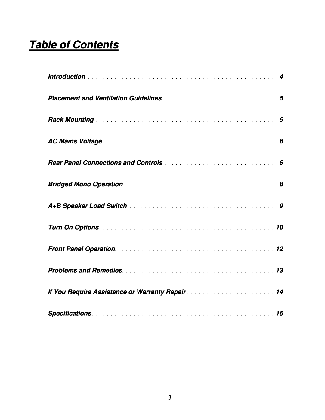 Parasound 2125 V.2 manual Table of Contents 
