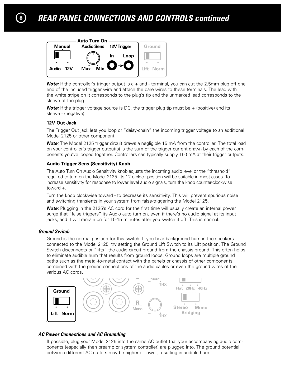 Parasound 2125 manual Ground Switch, AC Power Connections and AC Grounding 