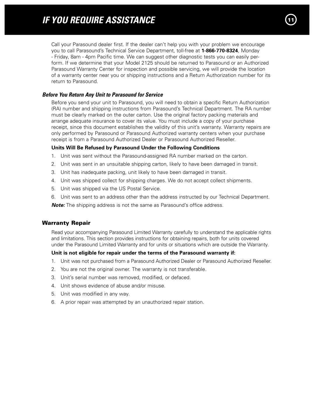 Parasound 2125 manual If YOU Require Assistance, Before You Return Any Unit to Parasound for Service 