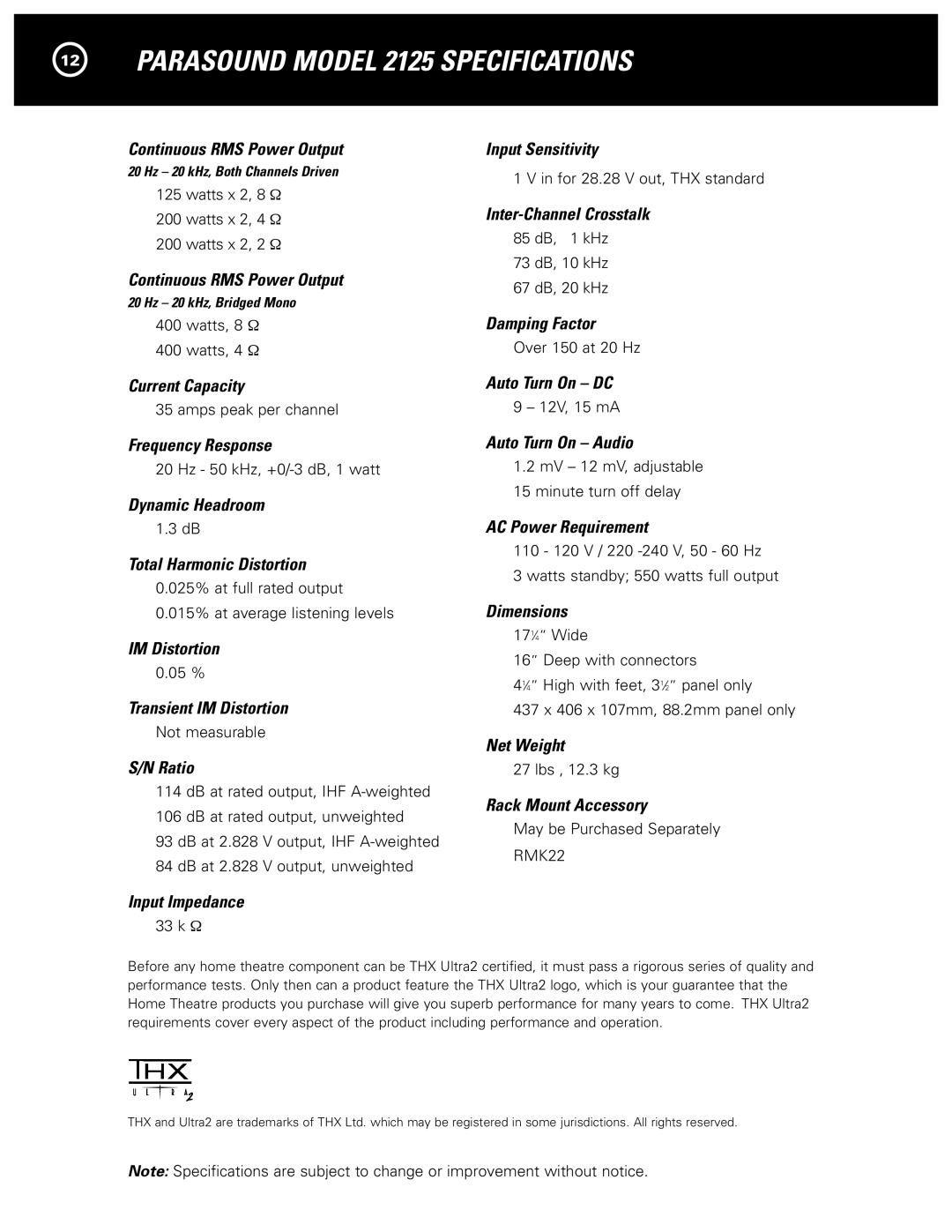 Parasound manual Parasound Model 2125 Specifications 