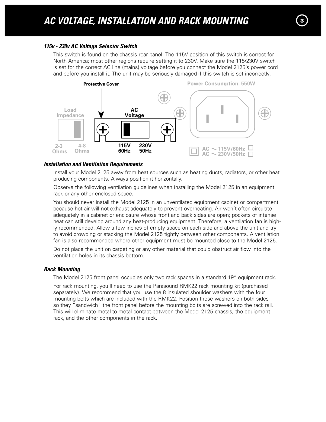 Parasound 2125 manual 115v 230v AC Voltage Selector Switch, Installation and Ventilation Requirements 