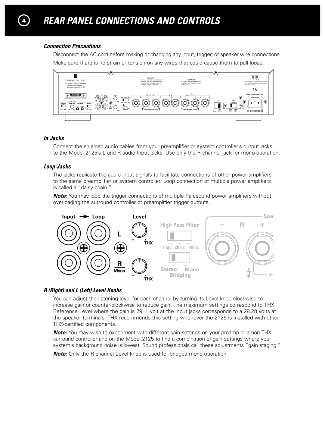 Parasound 2125 Rear Panel Connections and Controls, Connection Precautions, Loop Jacks, Right and L Left Level Knobs 