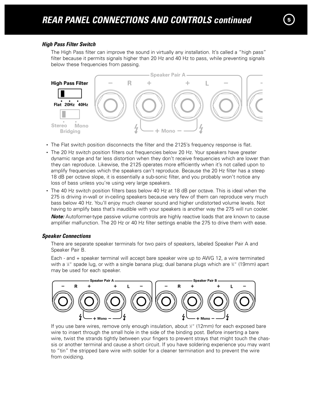 Parasound 2125 manual High Pass Filter Switch, Speaker Connections 
