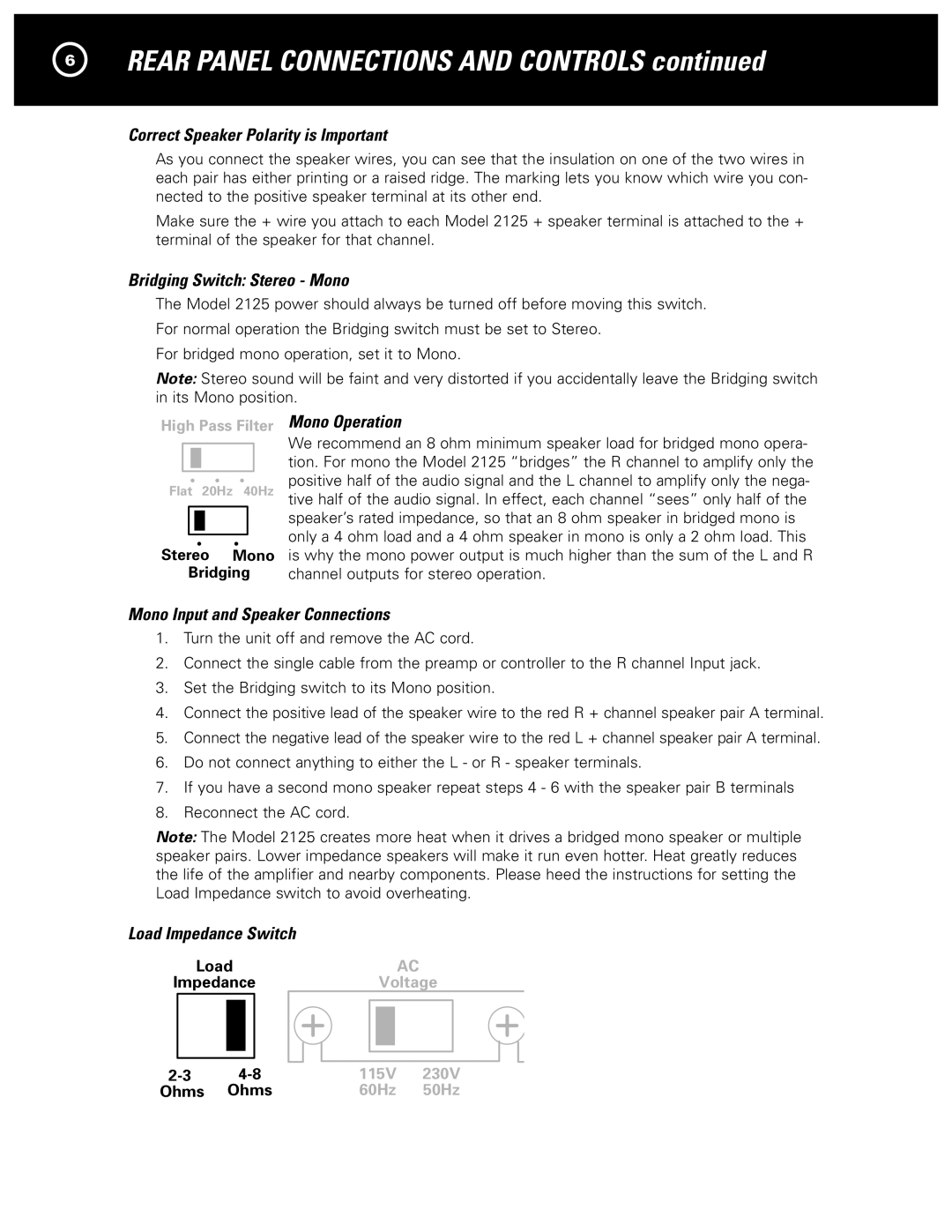 Parasound 2125 Correct Speaker Polarity is Important, Bridging Switch Stereo Mono, Mono Operation, Load Impedance Switch 