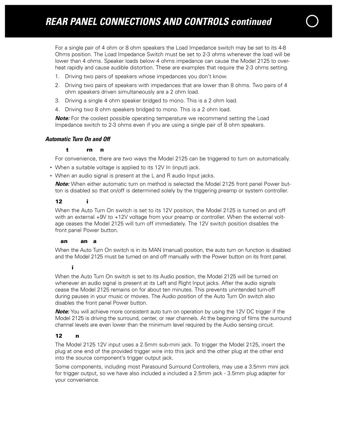 Parasound 2125 manual Automatic Turn On and Off, Auto Turn On Switch 