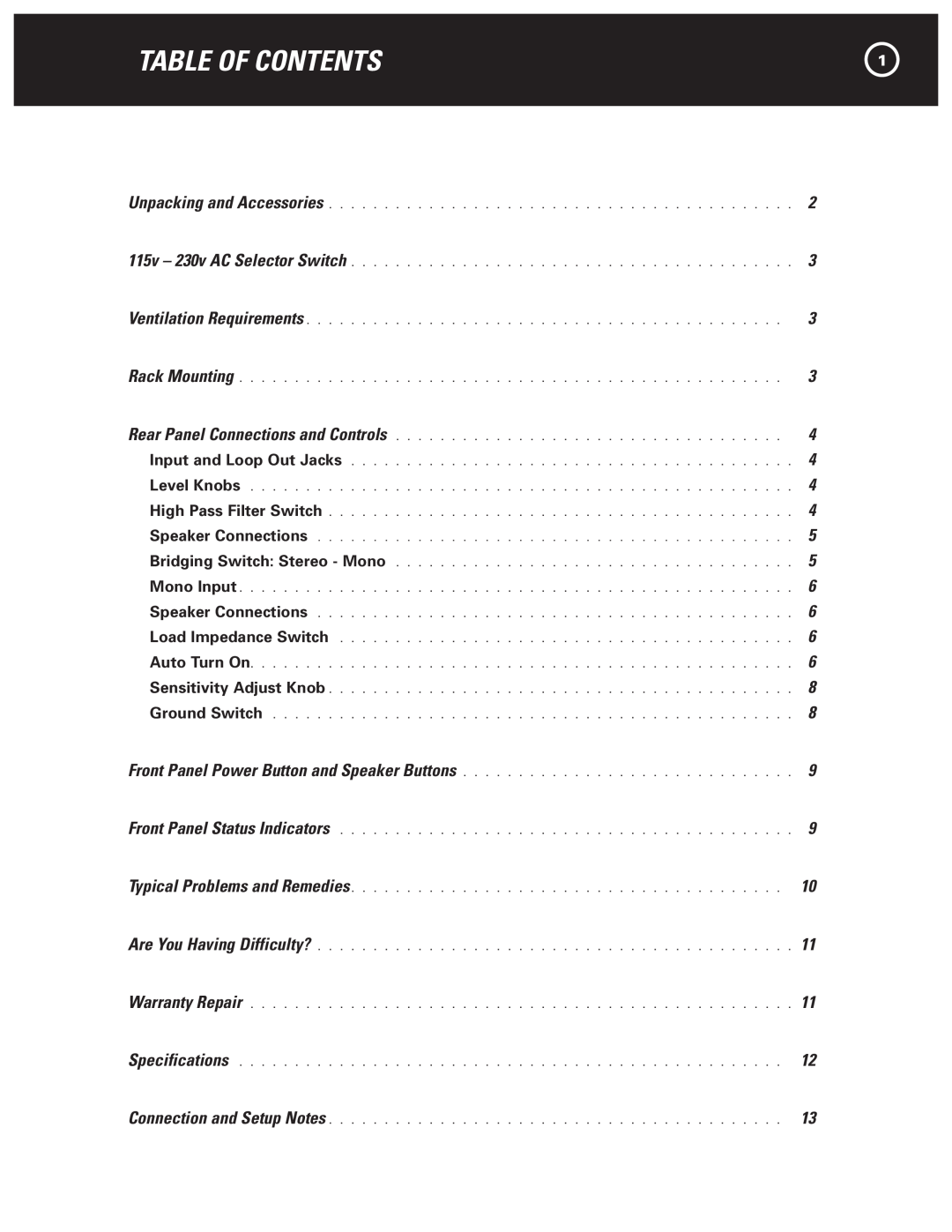 Parasound 2125 manual Table Of Contents 