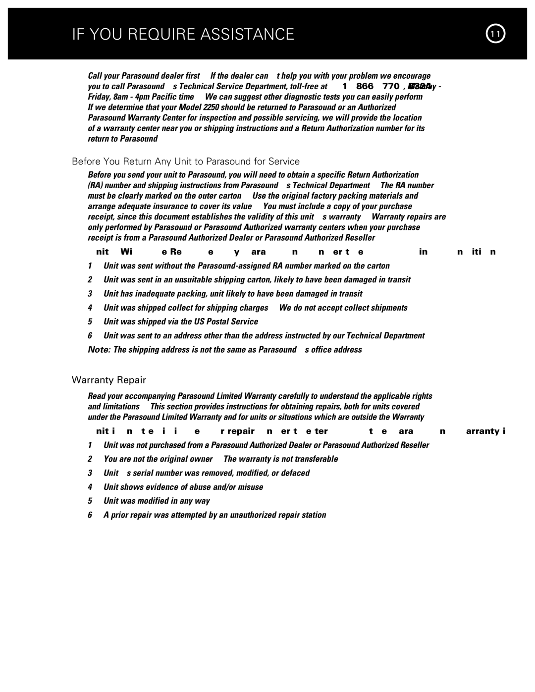 Parasound 2250 manual If YOU Require Assistance, Before You Return Any Unit to Parasound for Service 