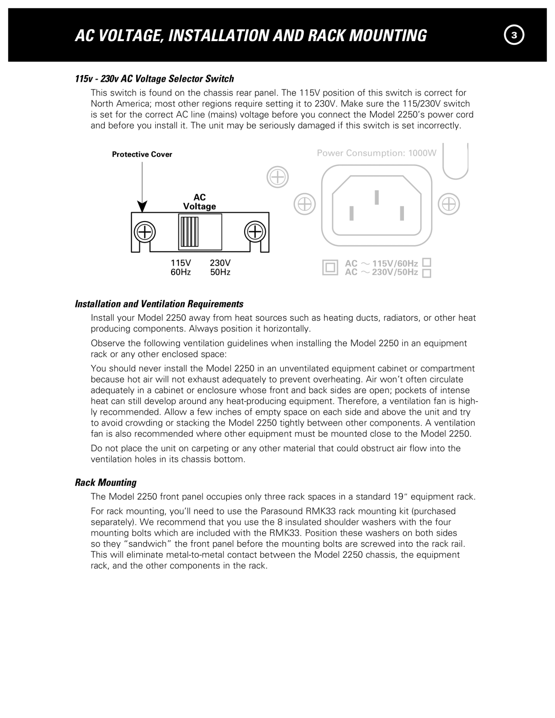 Parasound 2250 manual 115v 230v AC Voltage Selector Switch, Installation and Ventilation Requirements, Rack Mounting 