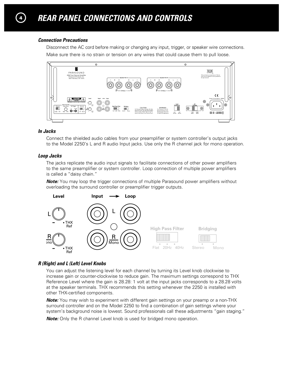 Parasound 2250 Rear Panel Connections and Controls, Connection Precautions, Loop Jacks, Right and L Left Level Knobs 