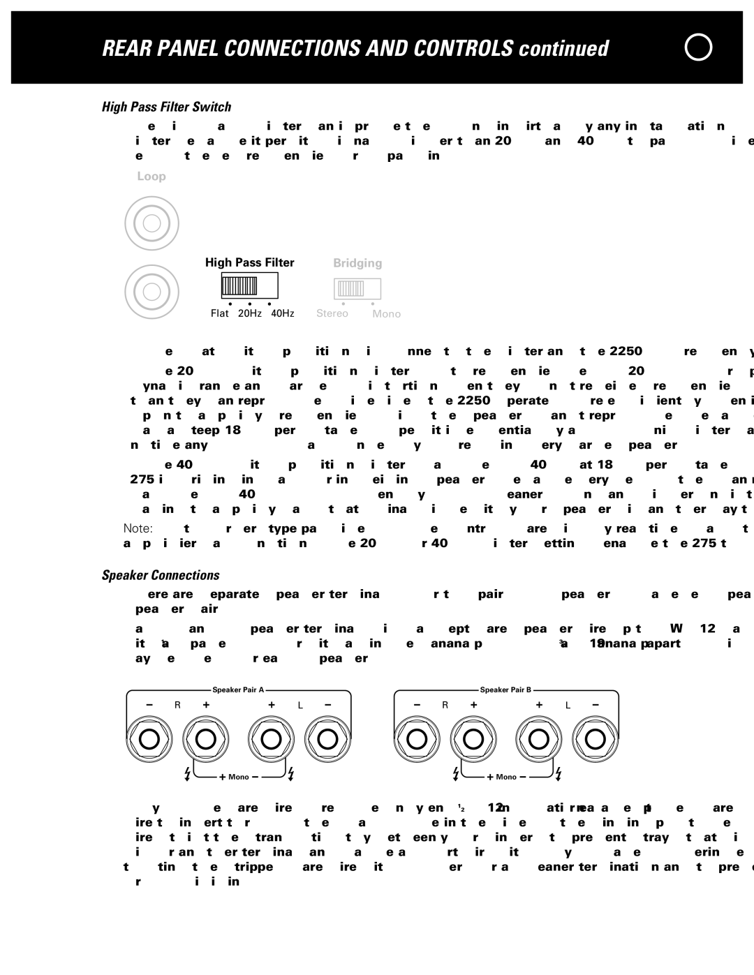 Parasound 2250 manual High Pass Filter Switch, Speaker Connections 