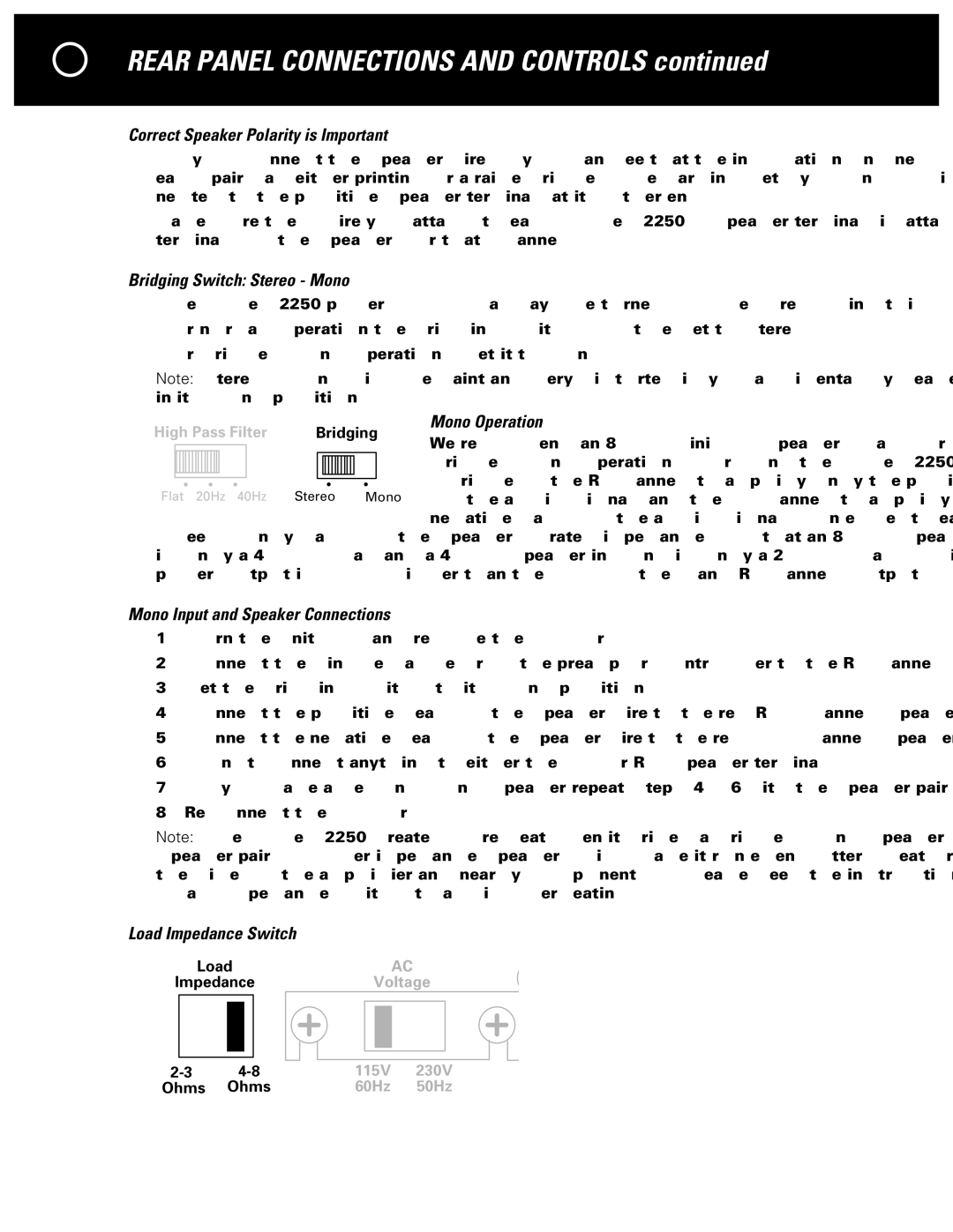 Parasound 2250 Correct Speaker Polarity is Important, Bridging Switch Stereo Mono, Mono Operation, Load Impedance Switch 