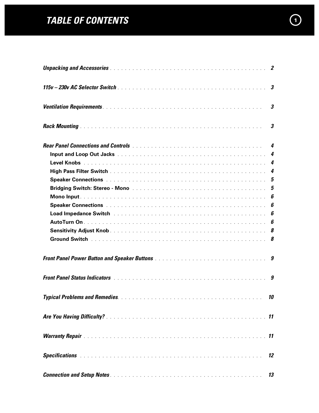 Parasound 2250 manual Table Of Contents 