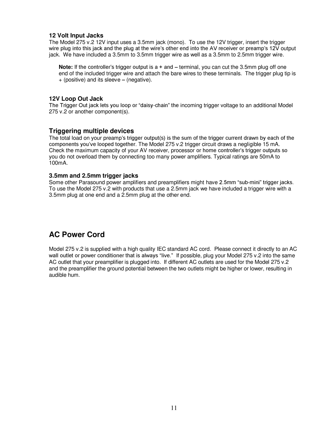 Parasound 275 V.2 manual Volt Input Jacks, 12V Loop Out Jack, 5mm and 2.5mm trigger jacks 