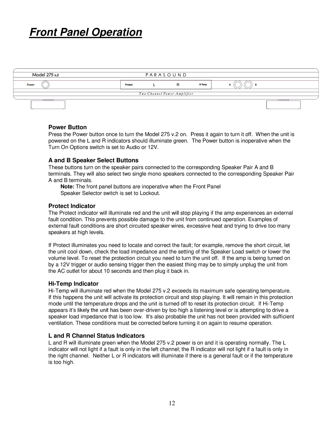 Parasound 275 V.2 manual Front Panel Operation 