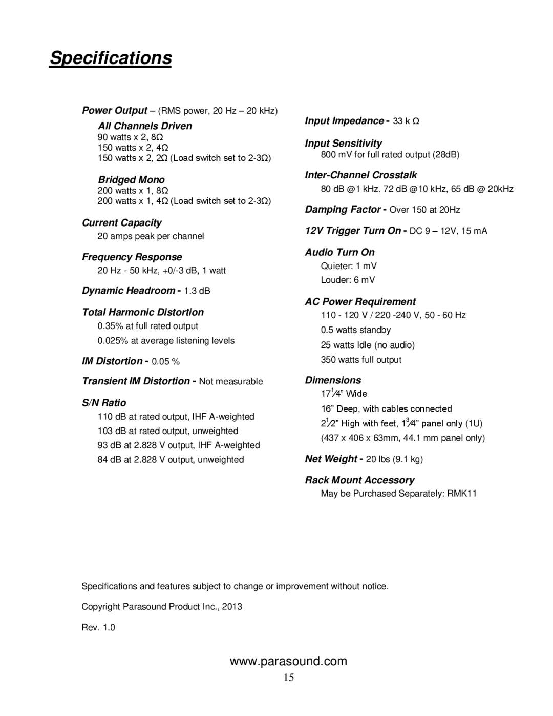 Parasound 275 V.2 manual Specifications 