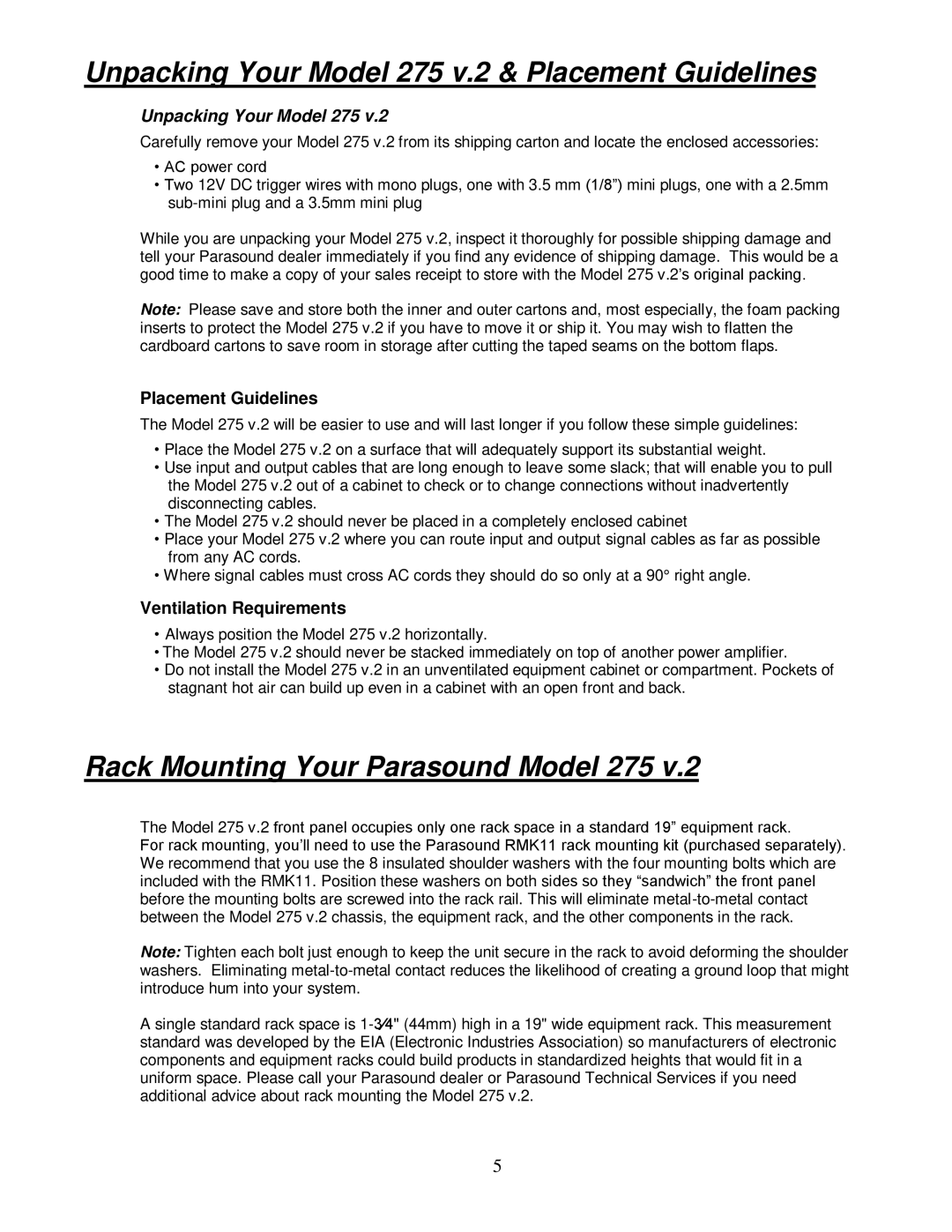 Parasound 275 V.2 manual Unpacking Your Model 275, Placement Guidelines, Ventilation Requirements 