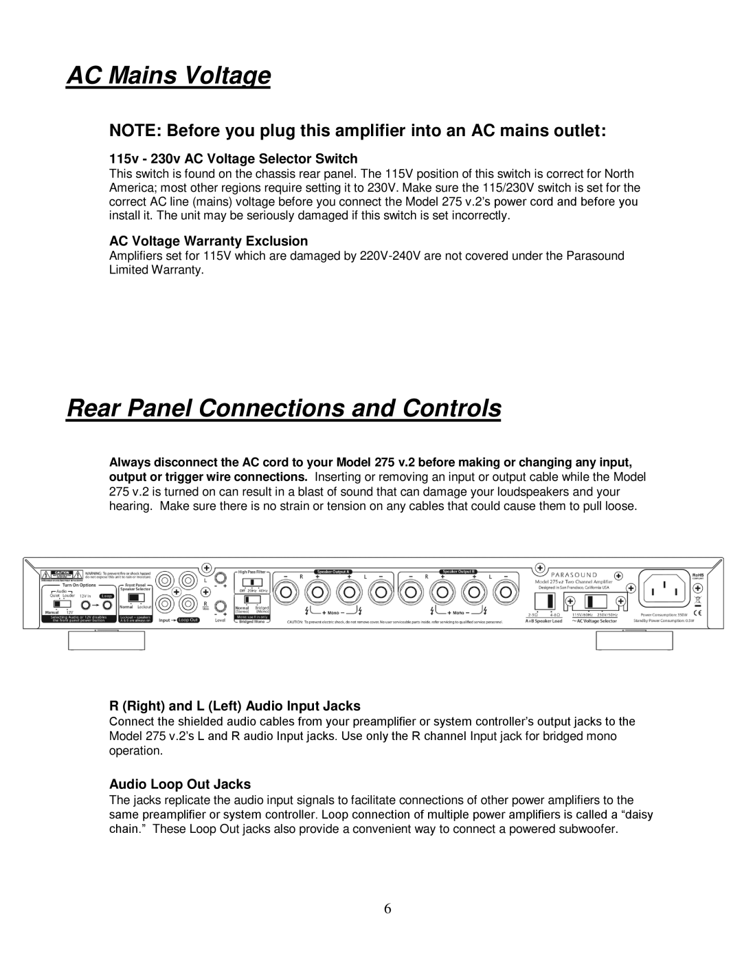 Parasound 275 V.2 manual AC Mains Voltage, Rear Panel Connections and Controls 