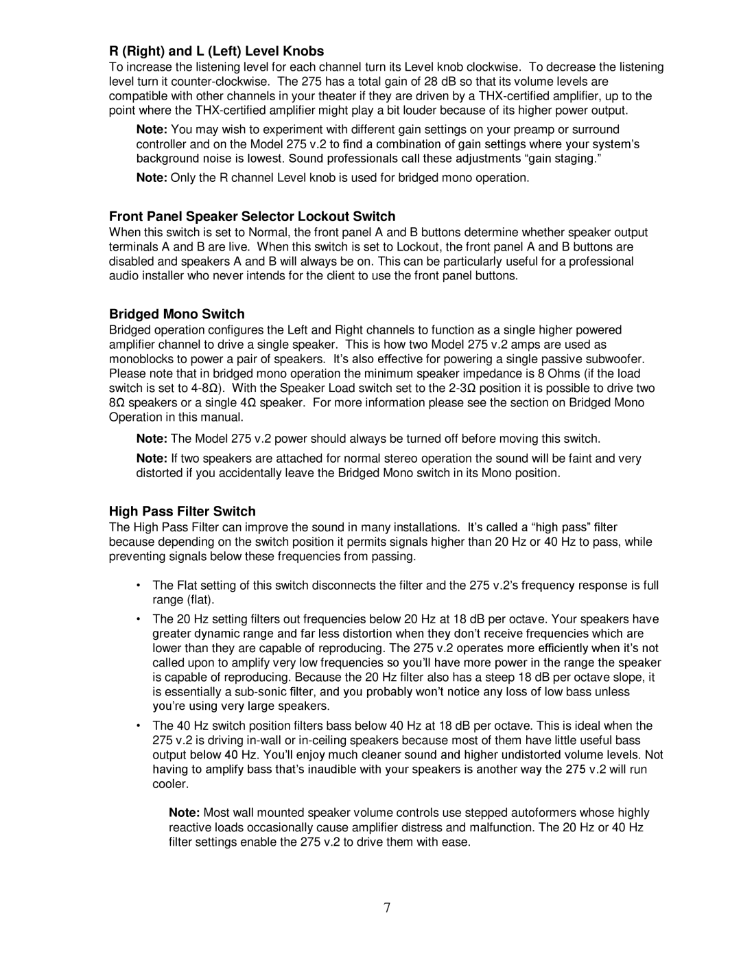 Parasound 275 V.2 manual Right and L Left Level Knobs, Front Panel Speaker Selector Lockout Switch, Bridged Mono Switch 