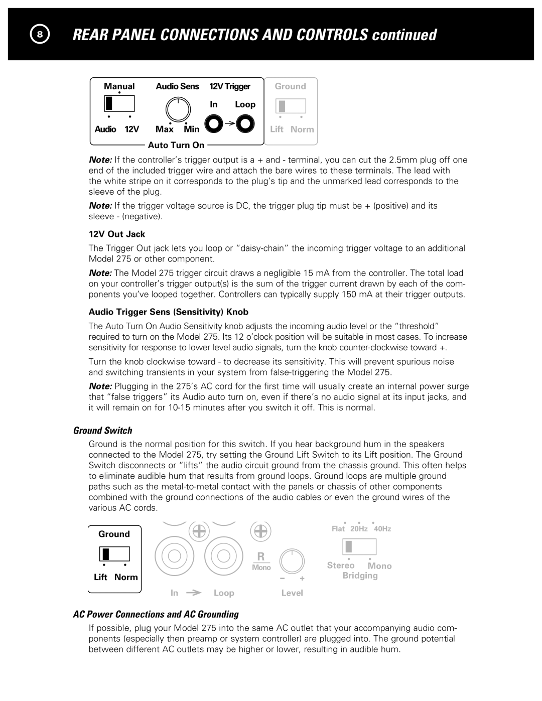 Parasound 275 manual Ground Switch, AC Power Connections and AC Grounding 