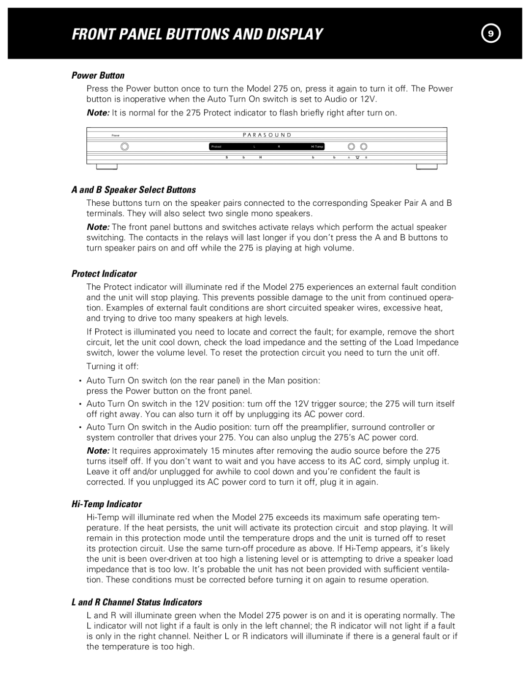 Parasound 275 manual Front Panel Buttons and Display 