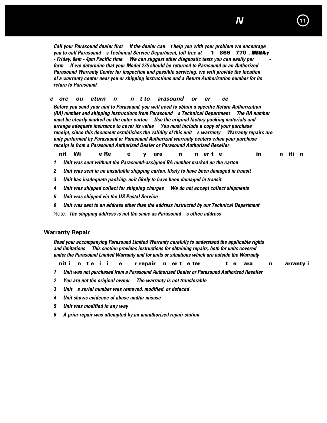 Parasound 275 manual If YOU Require Assistance, Before You Return Any Unit to Parasound for Service 