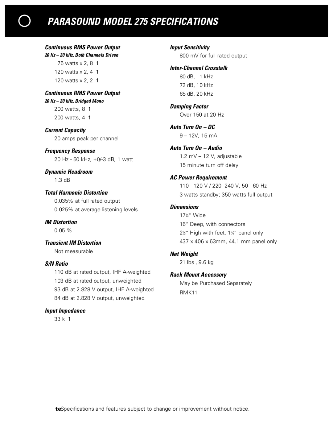 Parasound manual Parasound Model 275 Specifications 