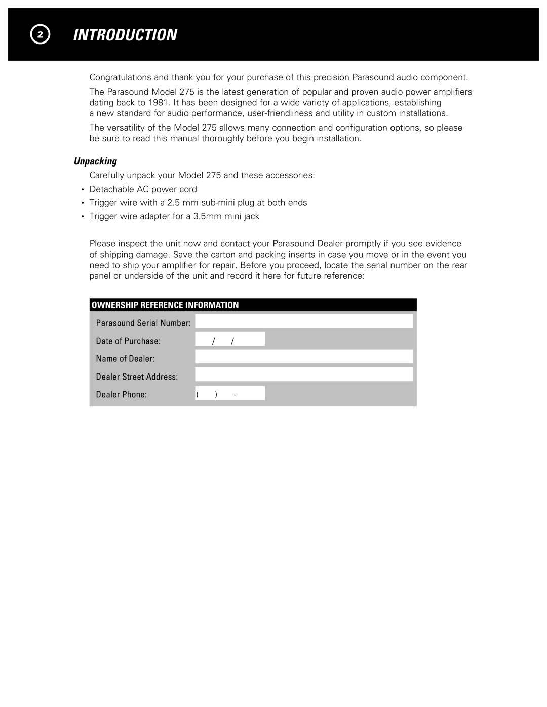 Parasound 275 manual Introduction, Unpacking 