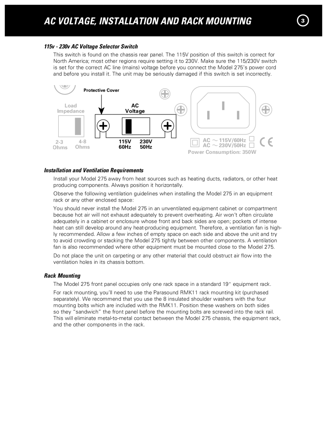 Parasound 275 manual 115v 230v AC Voltage Selector Switch, Installation and Ventilation Requirements, Rack Mounting 