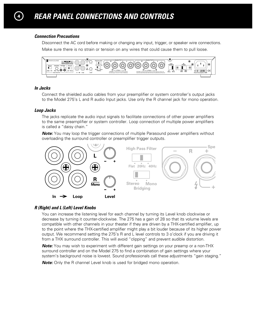 Parasound 275 Rear Panel Connections and Controls, Connection Precautions, Loop Jacks, Right and L Left Level Knobs 