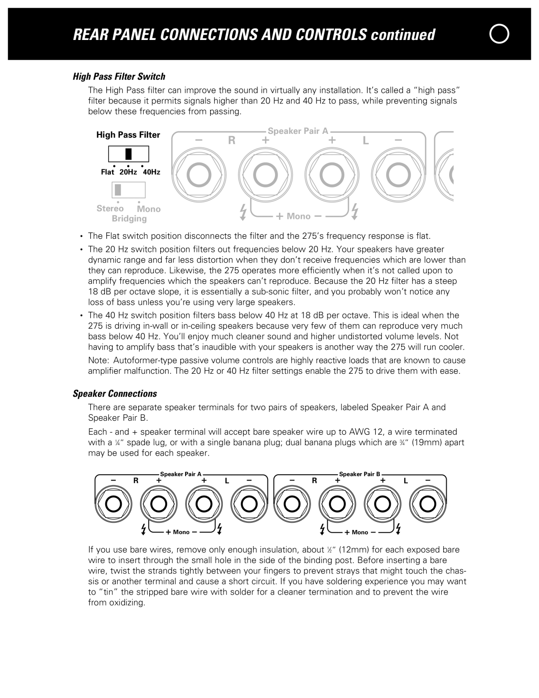 Parasound 275 manual High Pass Filter Switch, Speaker Connections 