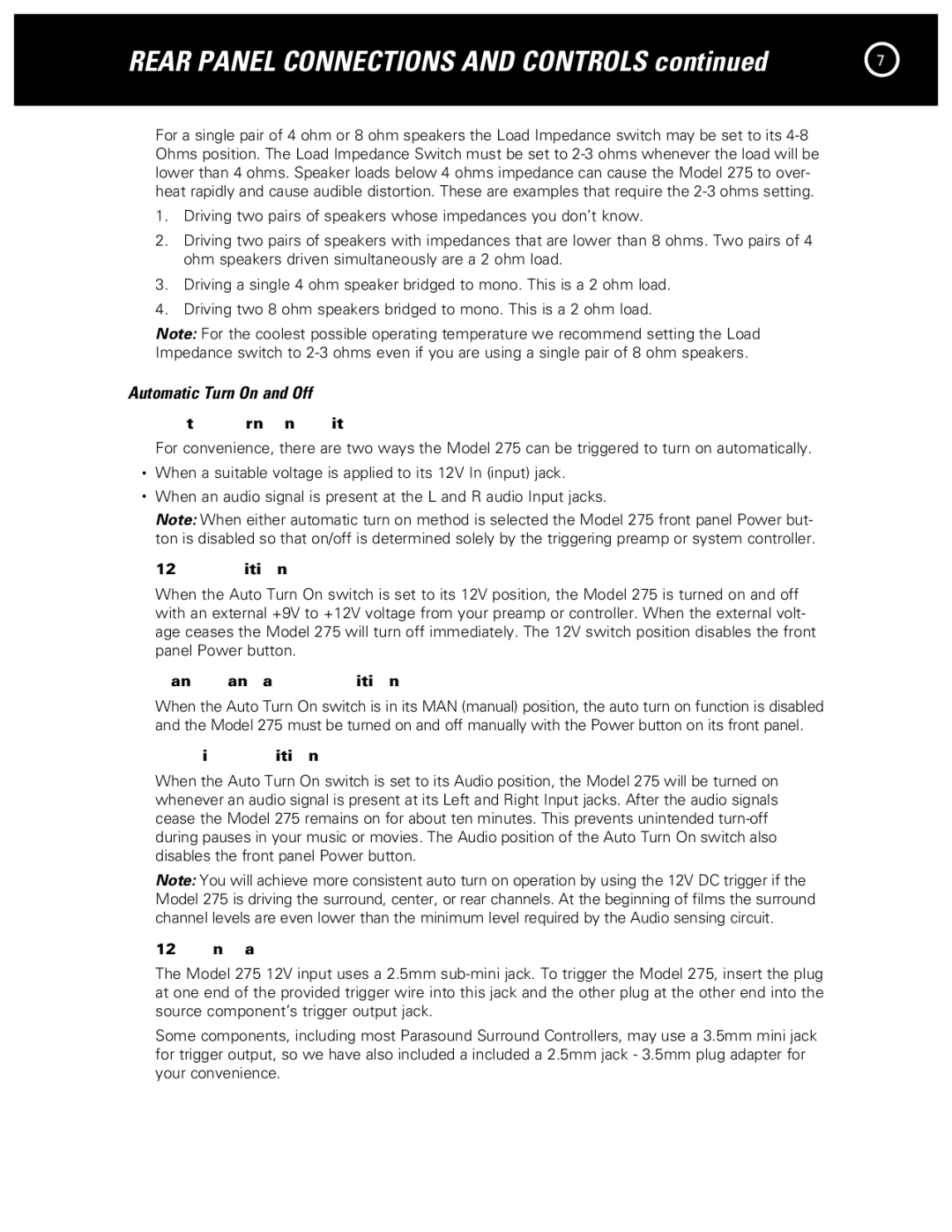 Parasound 275 manual Automatic Turn On and Off, Auto Turn On Switch 