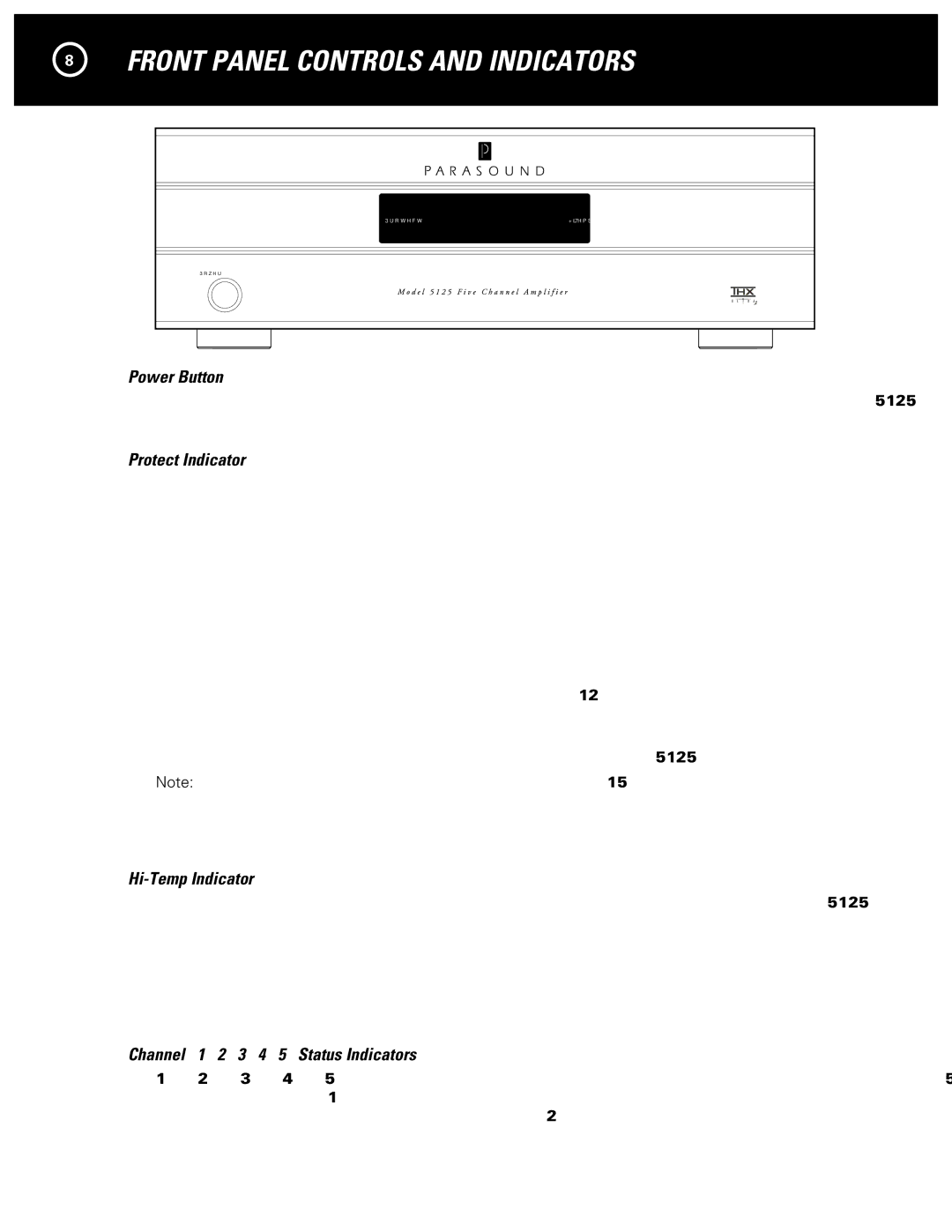 Parasound 5125 manual Front Panel Controls and Indicators, Power Button, Protect Indicator, Hi-Temp Indicator 