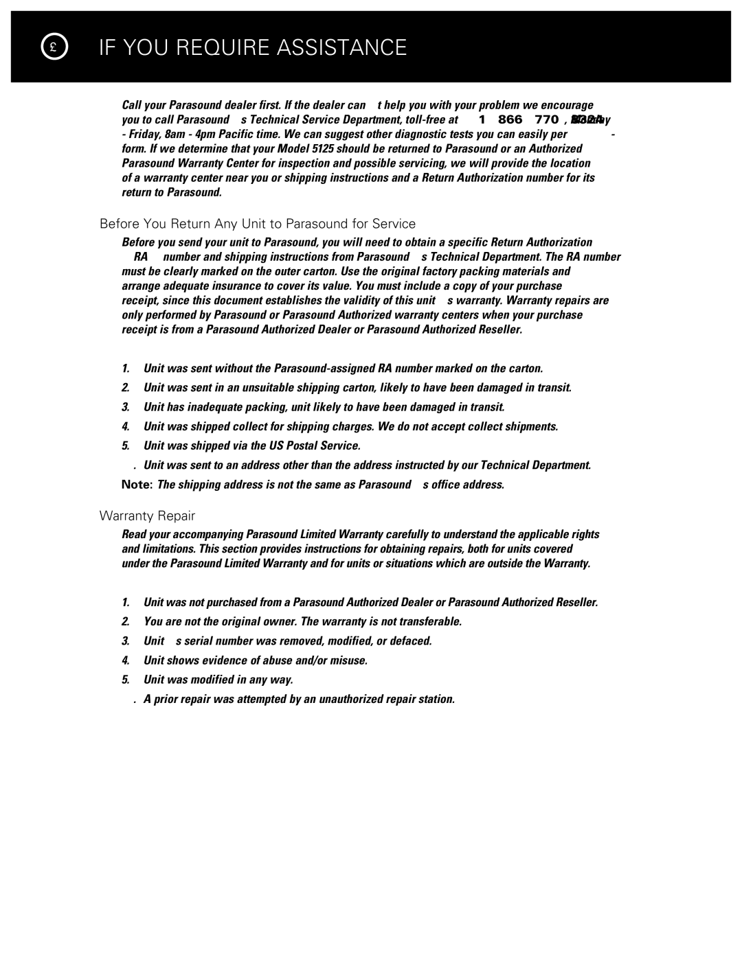 Parasound 5125 manual If YOU Require Assistance, Before You Return Any Unit to Parasound for Service, Warranty Repair 