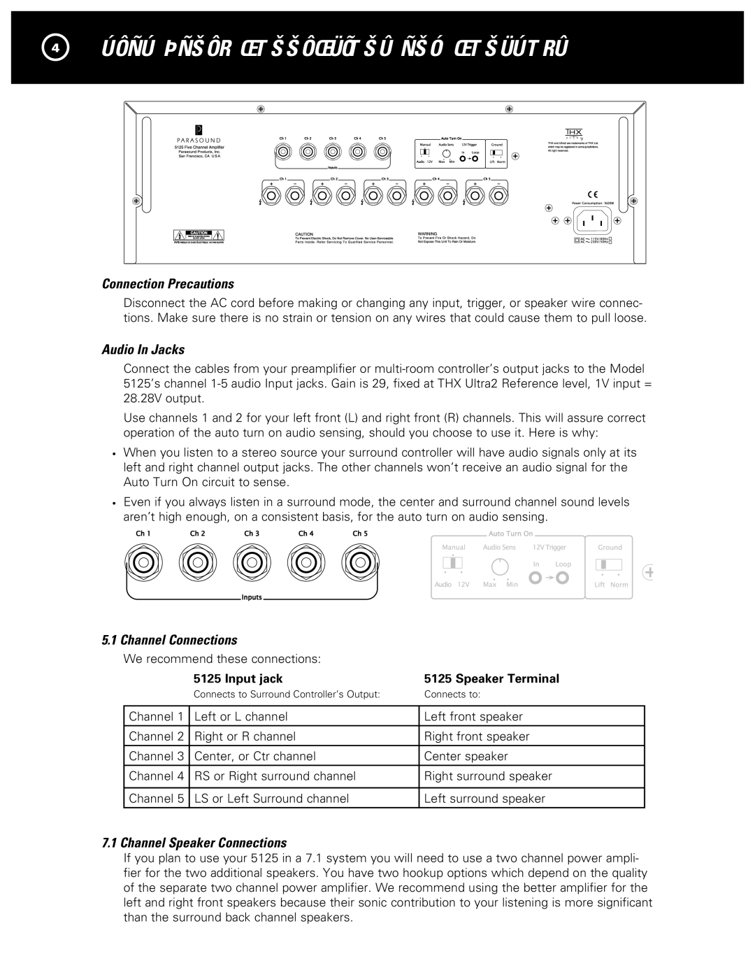 Parasound 5125 manual Connection Precautions, Audio In Jacks, Channel Connections, Channel Speaker Connections 