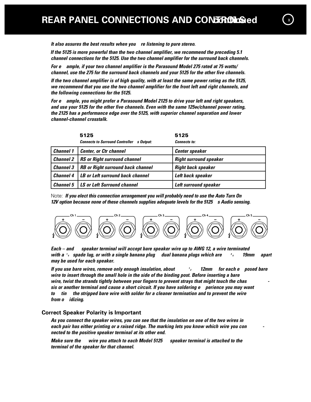 Parasound 5125 manual Rear Panel Connections and Controls, Correct Speaker Polarity is Important 