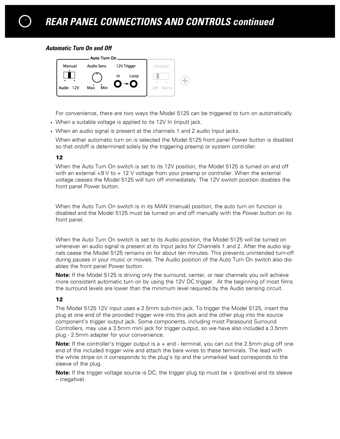 Parasound 5125 manual Automatic Turn On and Off 