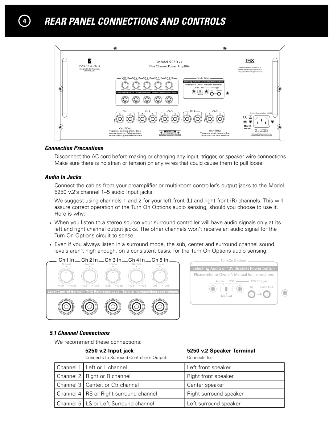 Parasound 5250 V.2 manual 4Rear Panel Connections and Controls, Connection Precautions, Audio In Jacks, Channel Connections 
