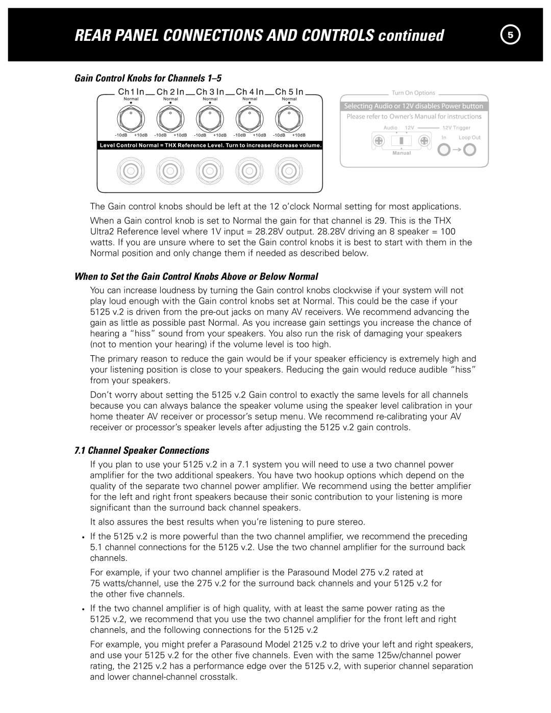 Parasound 5250 V.2 manual Rear Panel Connections and Controls continued, Gain Control Knobs for Channels 