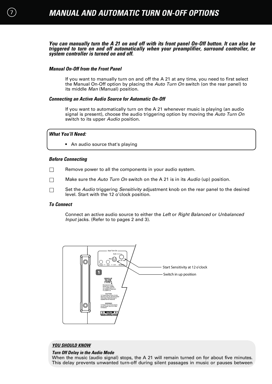 Parasound A 21 manual Manual On-Off from the Front Panel, Connecting an Active Audio Source for Automatic On-Off 