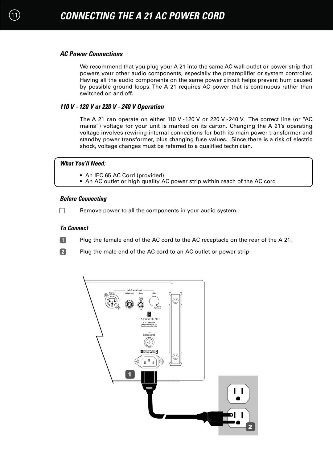 Parasound A 21 manual AC Power Connections, V or 220 V 240 V Operation 