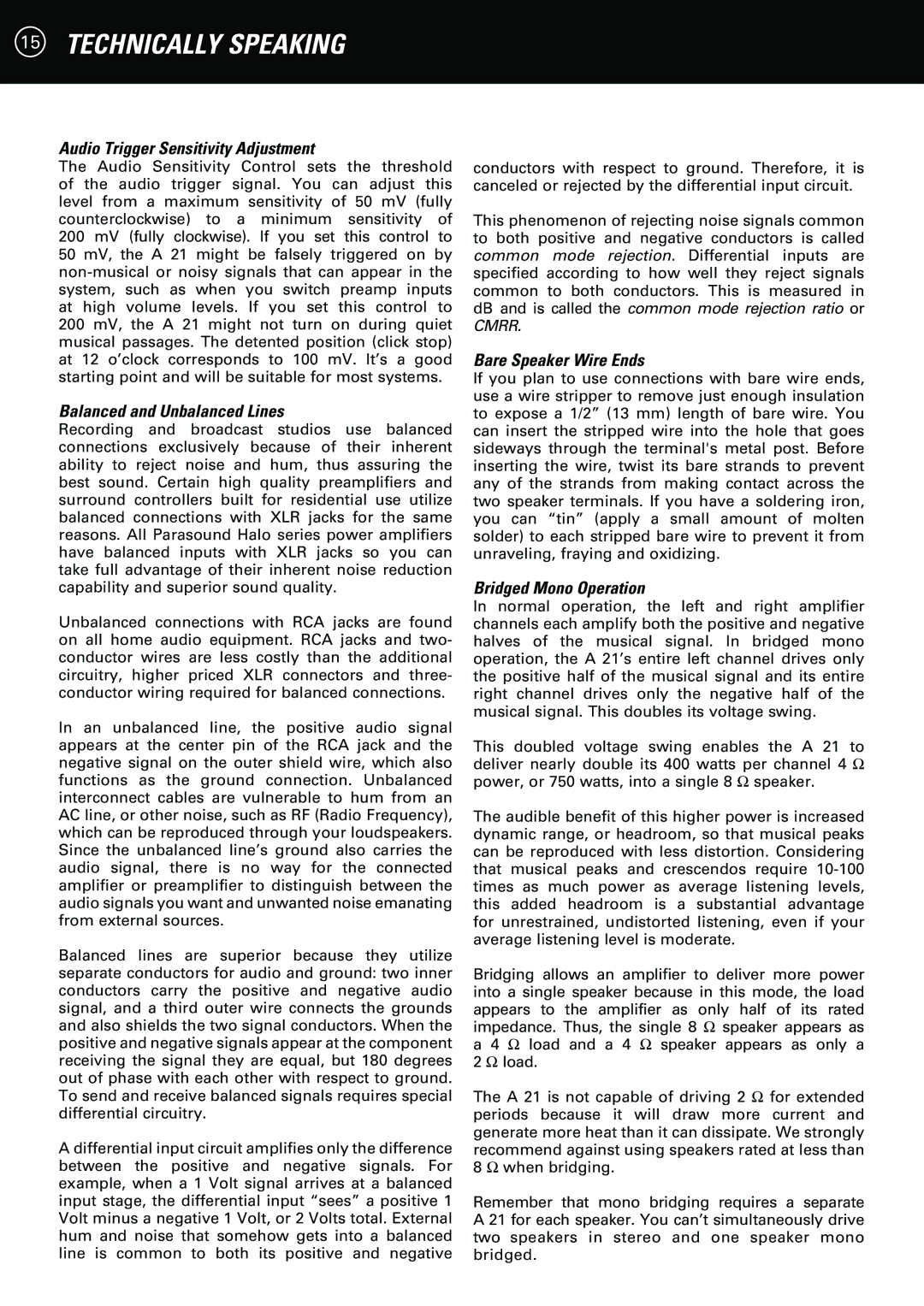 Parasound A 21 manual Technically Speaking, Audio Trigger Sensitivity Adjustment, Balanced and Unbalanced Lines 